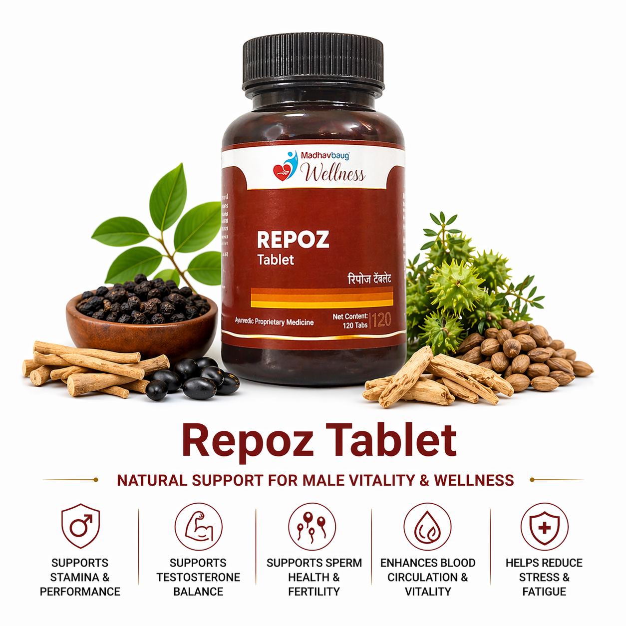 Repoz Tablet | Ayurvedic Supplement for Male Vitality, Stamina & Reproductive Health | Madhavbaug | 120 Tablets