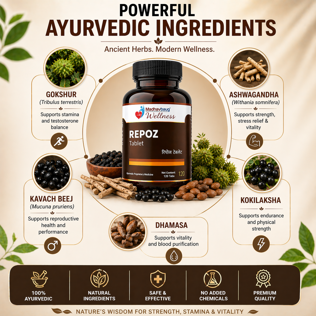 Repoz Tablet | Ayurvedic Supplement for Male Vitality, Stamina & Reproductive Health | Madhavbaug | 120 Tablets