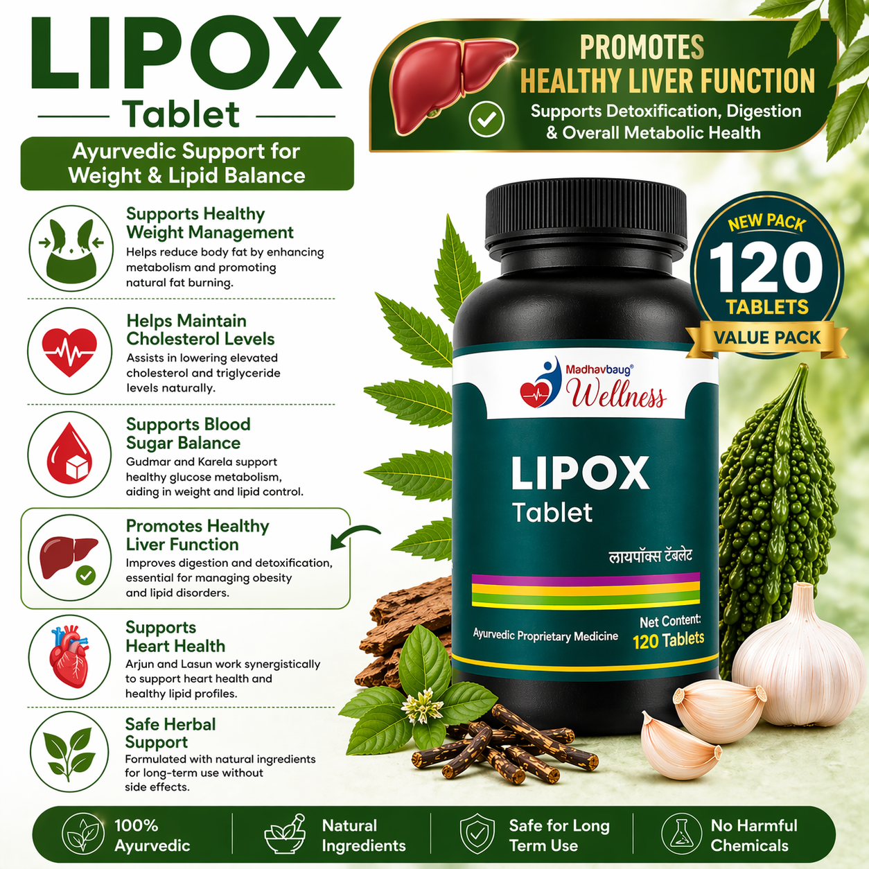 Lipox Tablet Ayurvedic Supplement for Weight Management & Liver Support | 120 Tablets