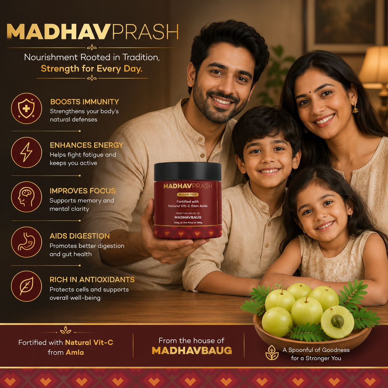 Family holding a container of Madhav Prash with product features listed on a warm-toned background.