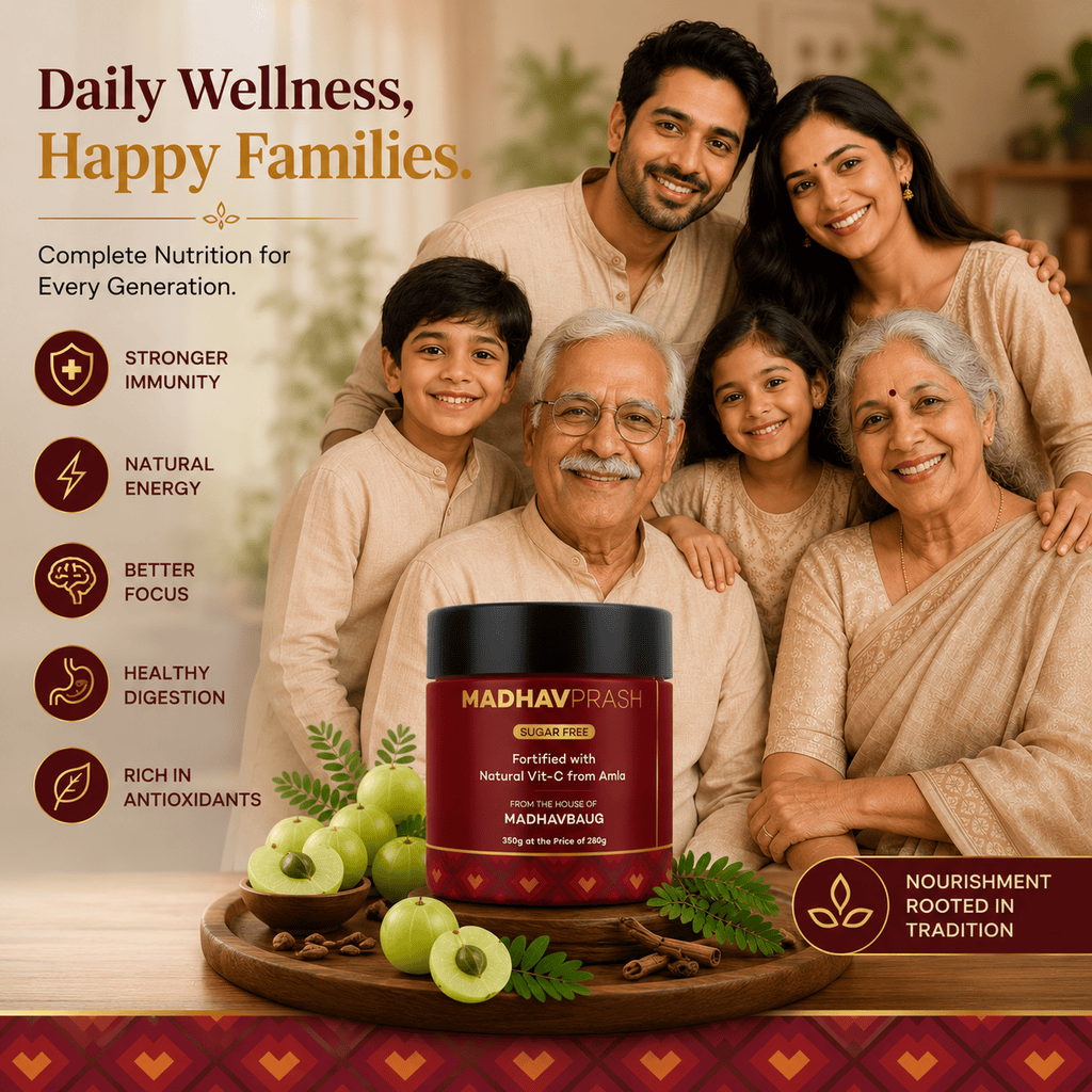 Family with a container of Madhav Prash, emphasizing daily wellness and happy families.