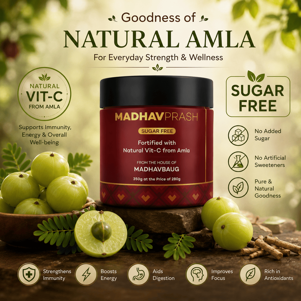 Madhav Prash amla powder jar with amla fruits and leaves on a natural background