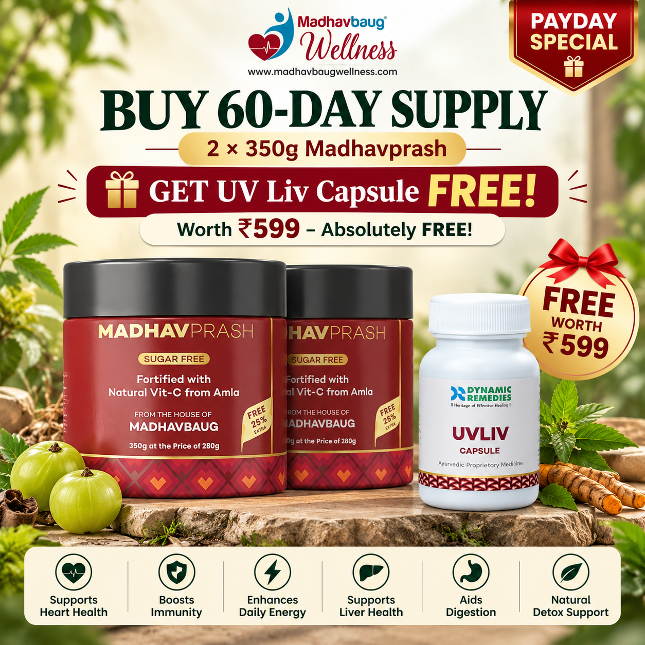 Madhavprash 60-Day Supply + FREE UV Liv Capsule | Heart & Liver Wellness Combo