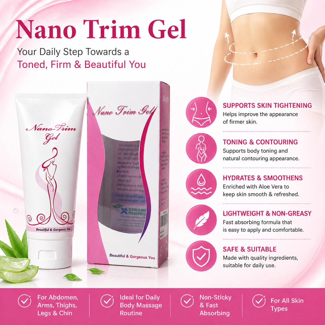 Nano Trim Body Gel for Skin Tightening & Body Toning | Non-Sticky Massage Gel | Aloe Vera Extract | 150g