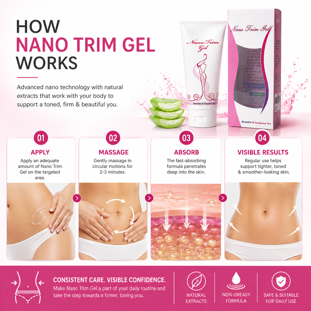 Nano Trim Body Gel for Skin Tightening & Body Toning | Non-Sticky Massage Gel | Aloe Vera Extract | 150g