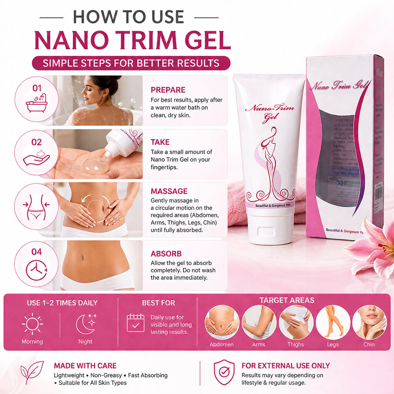 Nano Trim Body Gel for Skin Tightening & Body Toning | Non-Sticky Massage Gel | Aloe Vera Extract | 150g