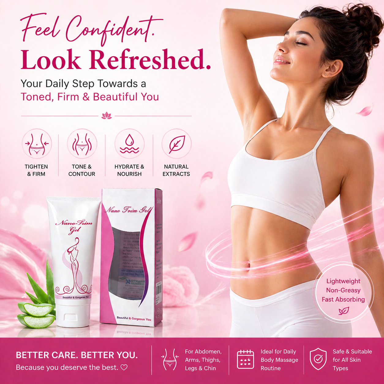 Nano Trim Body Gel for Skin Tightening & Body Toning | Non-Sticky Massage Gel | Aloe Vera Extract | 150g