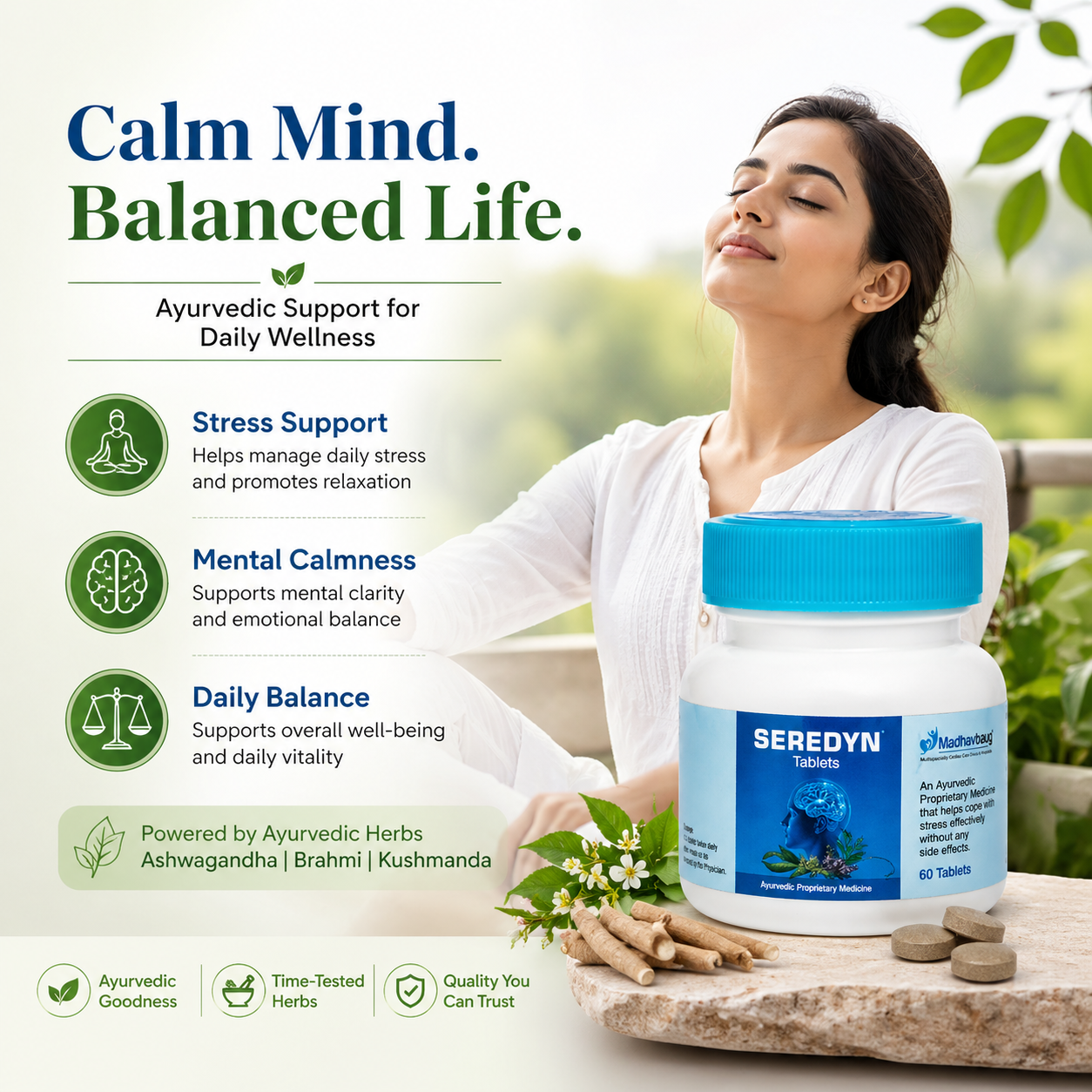 Seredyn Ayurvedic Tablets for Stress Support | Ashwagandha Brahmi Formula | Daily Wellness Supplement | 60 Tablets