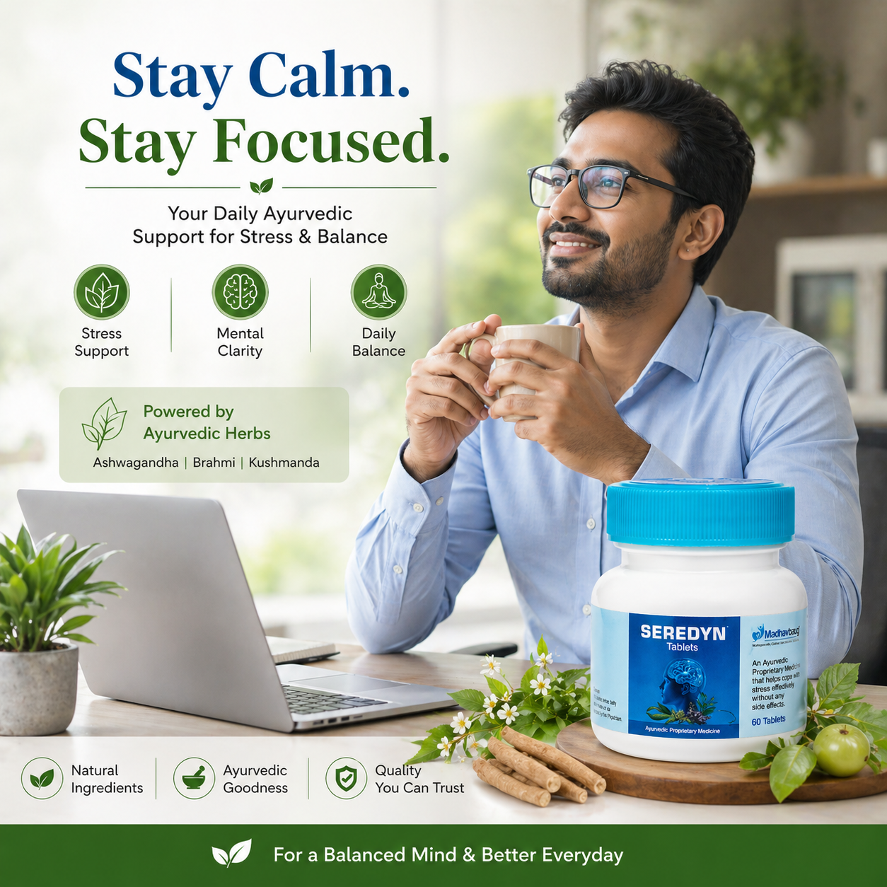 Seredyn Ayurvedic Tablets for Stress Support | Ashwagandha Brahmi Formula | Daily Wellness Supplement | 60 Tablets