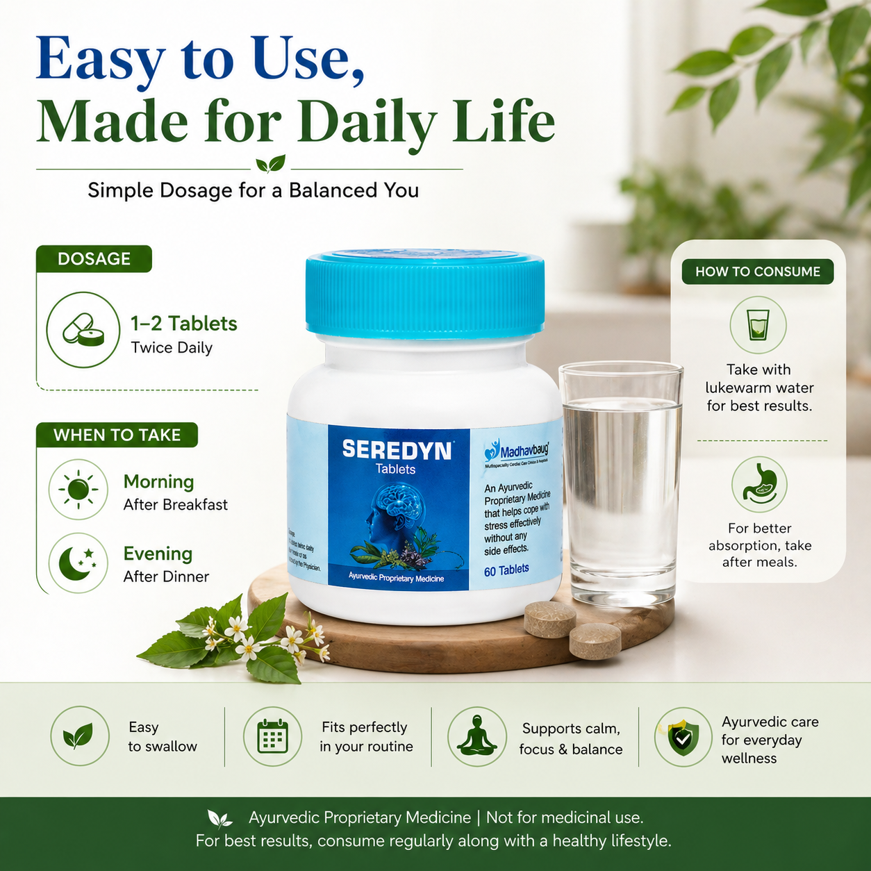 Seredyn Ayurvedic Tablets for Stress Support | Ashwagandha Brahmi Formula | Daily Wellness Supplement | 60 Tablets