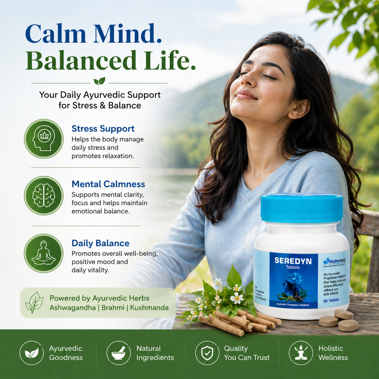 Seredyn Ayurvedic Tablets for Stress Support | Ashwagandha Brahmi Formula | Daily Wellness Supplement | 60 Tablets