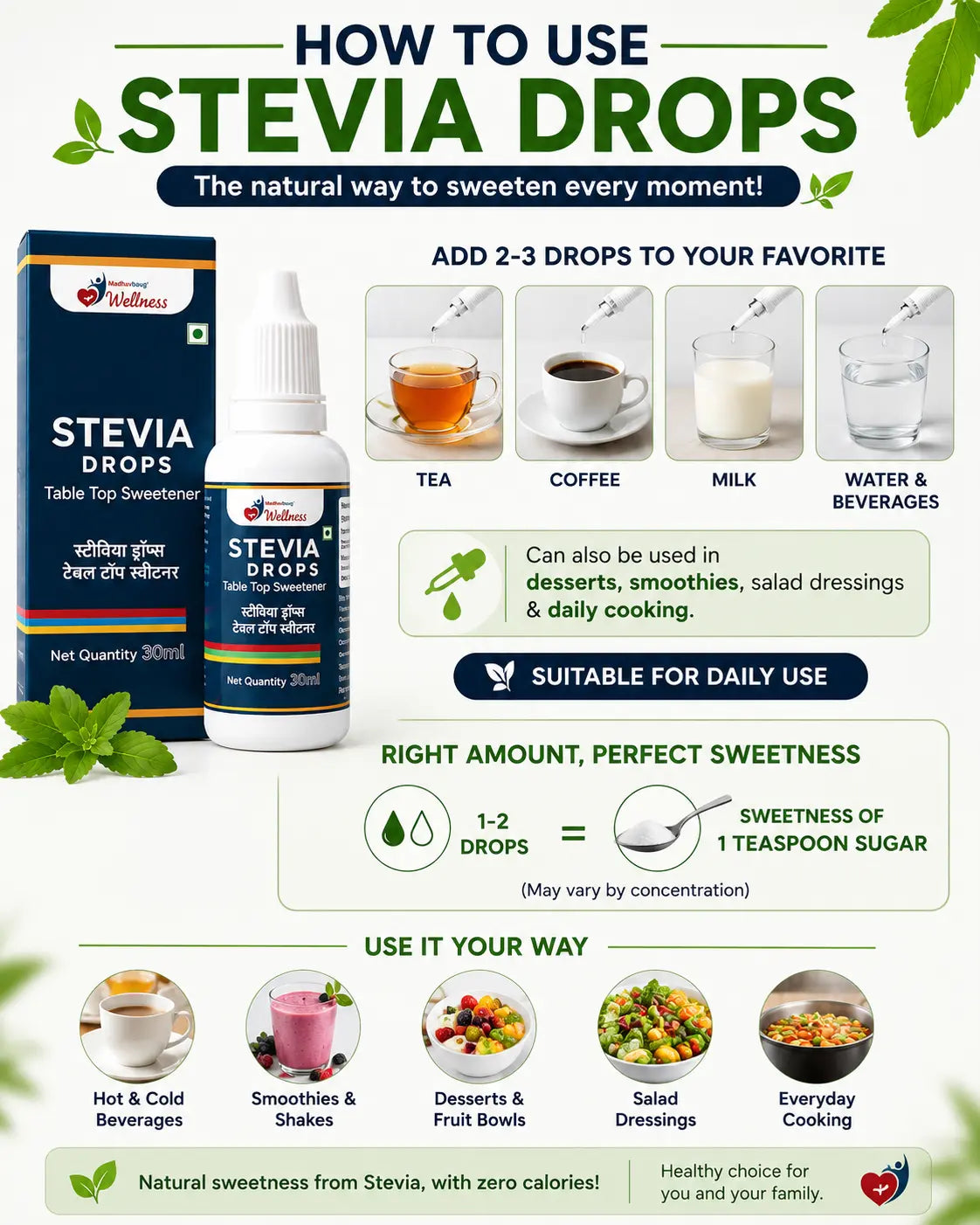 Natural Stevia Drops – Zero Calorie Sugar Substitute for Diabetics & Weight Management